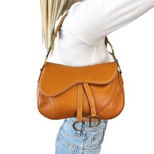 Christian Dior Vintage CD Logo Double Saddle Shoulder Bag Camel Gold [105917]